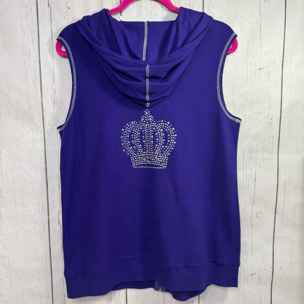 Quacker Factory Purple Sleeveless Hoodie Vest Rhinestone Crown Size M